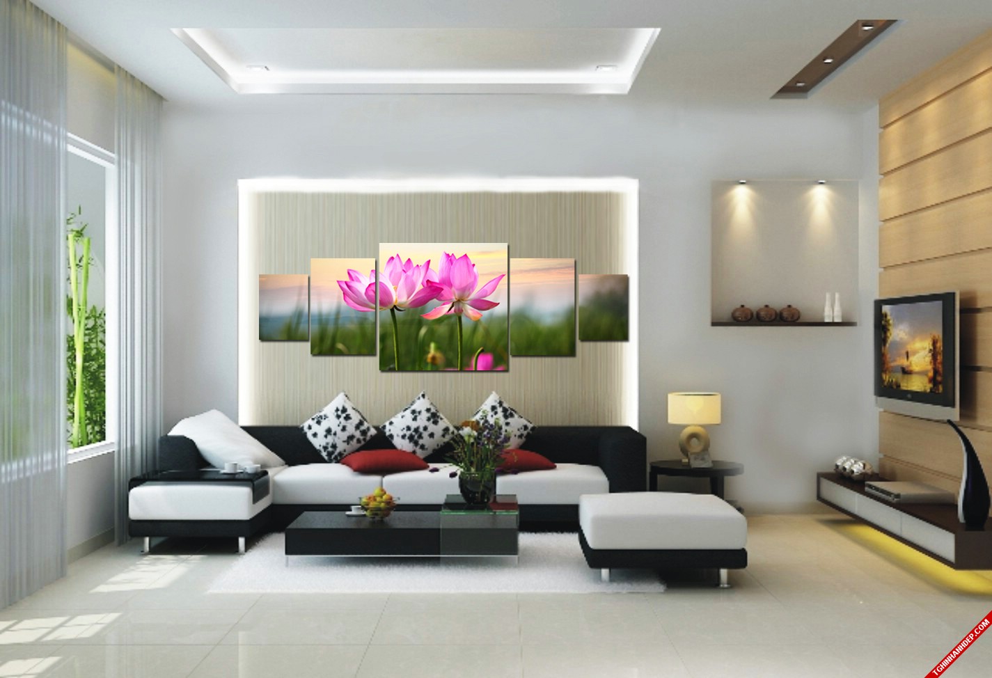 Gợi ý trang trí phòng khách đẹp với tranh treo tường hình hoa