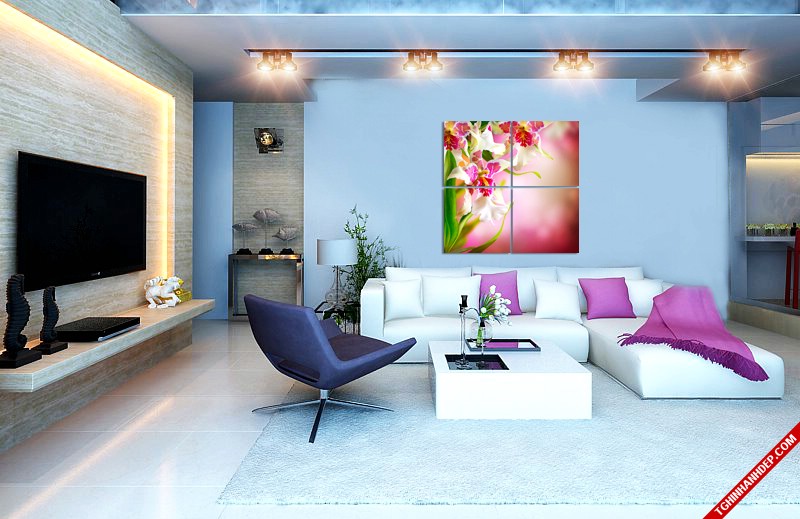 Gợi ý trang trí phòng khách đẹp với tranh treo tường hình hoa