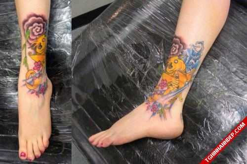 Hình ảnh xăm cá chép ở chân đẹp cho nữ
